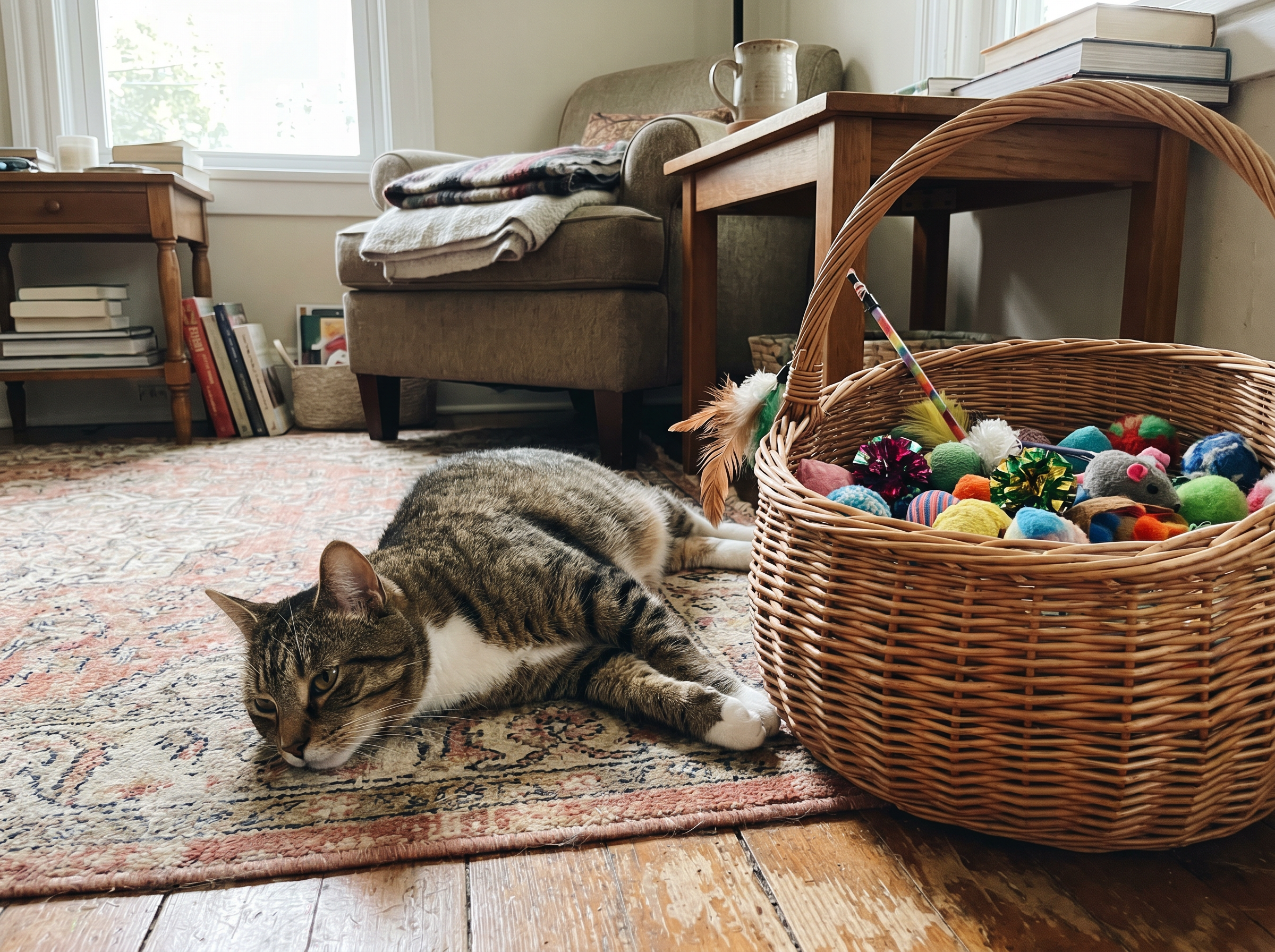 A bored tabby cat lying beside a basket of ignored cat toys