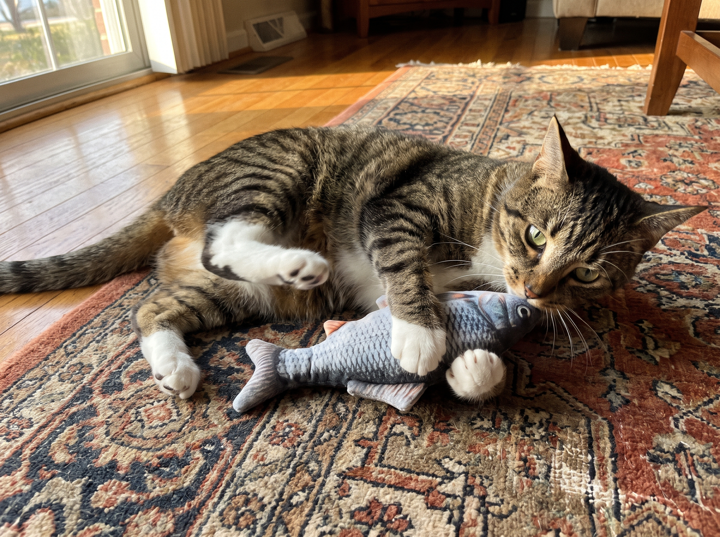 Tabby cat bunny-kicking the FloppyFish toy
