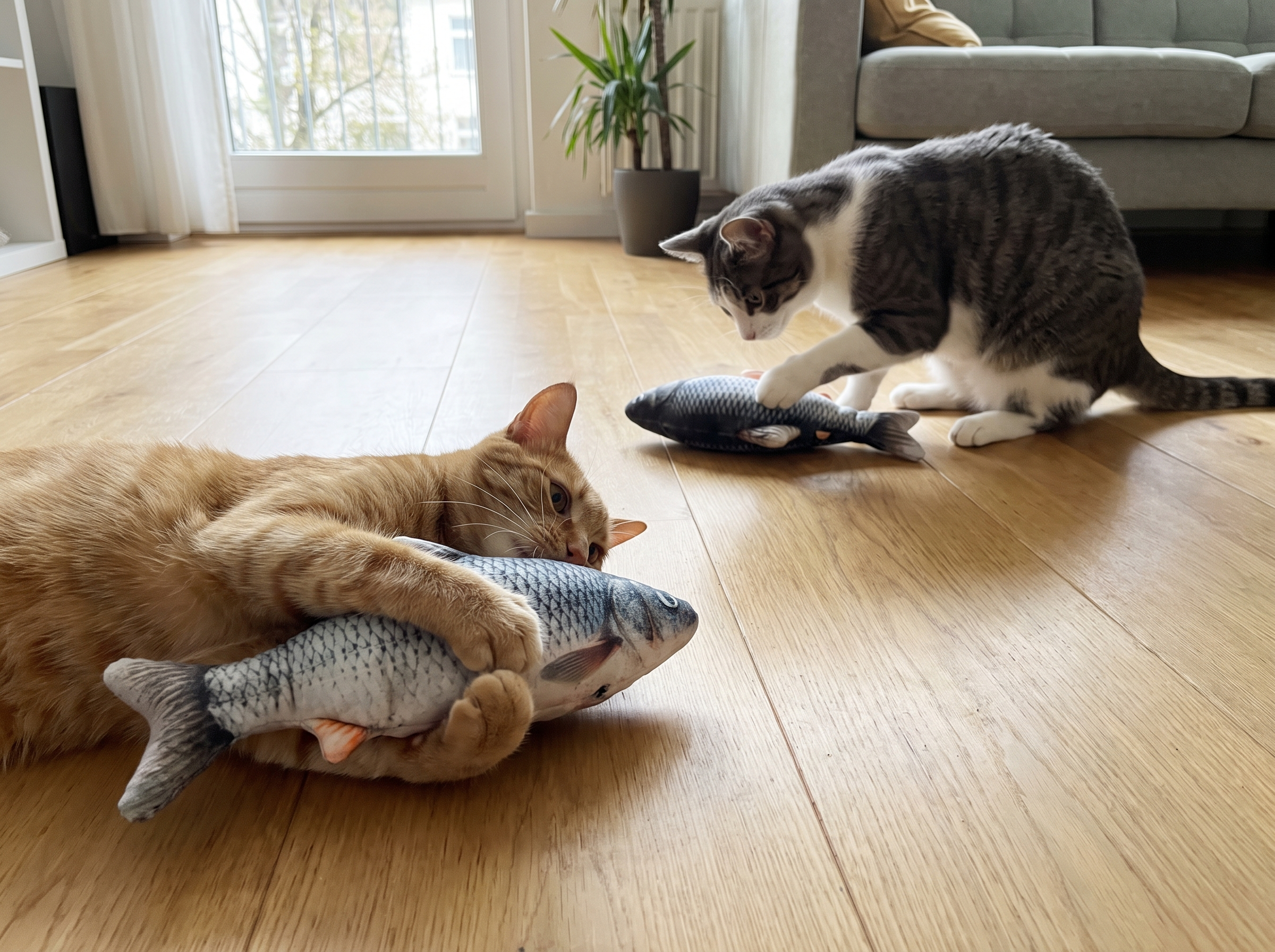 Two cats each playing with their own FloppyFish